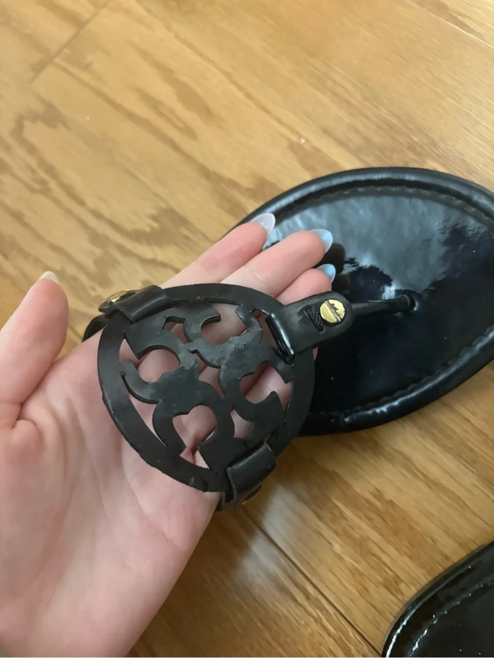 Tory Burch Black Patent Leather Logo Thong Sandals
